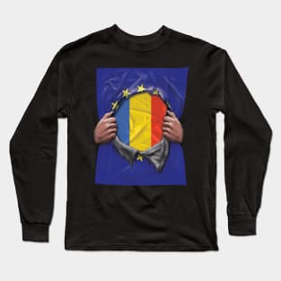 Romania Flag European Union Flag Ripped Open - Gift for Romanian From Romania Long Sleeve T-Shirt